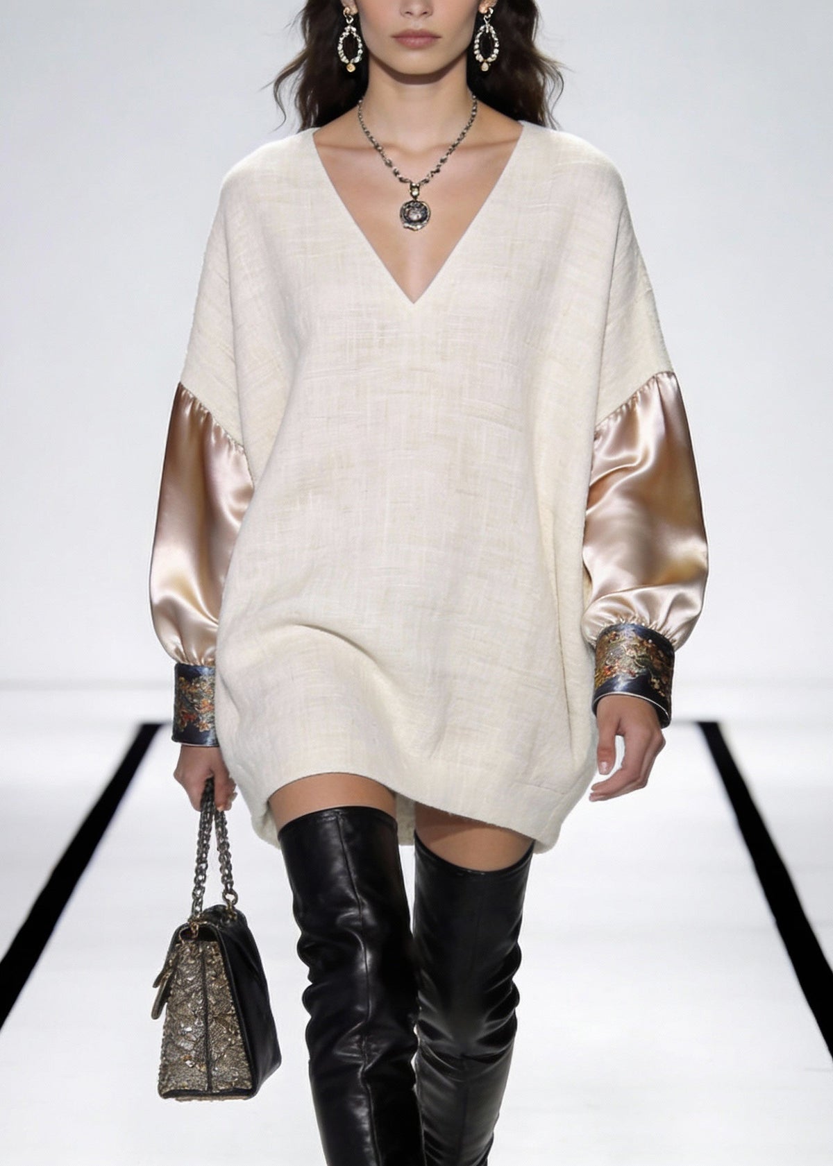 Deep V-Neck Oversized Contrast Satin Panel Embroidered Cuff Mini Dress