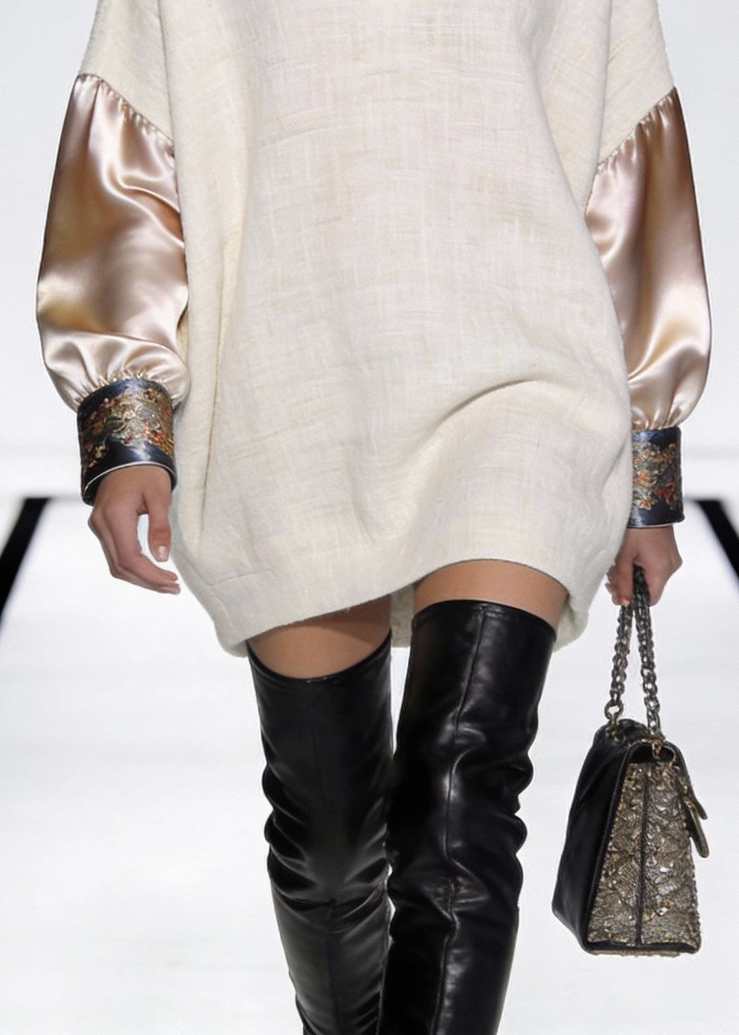 Deep V-Neck Oversized Contrast Satin Panel Embroidered Cuff Mini Dress