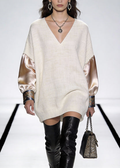 Deep V-Neck Oversized Contrast Satin Panel Embroidered Cuff Mini Dress