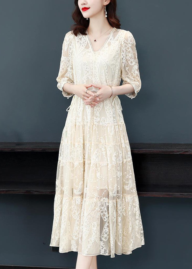 Deep V Scalloped Lace Paisley Embroidered Tiered Midi Dress