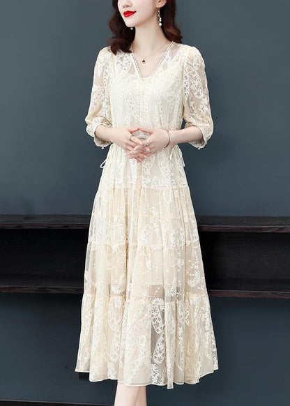 Deep V Scalloped Lace Paisley Embroidered Tiered Midi Dress