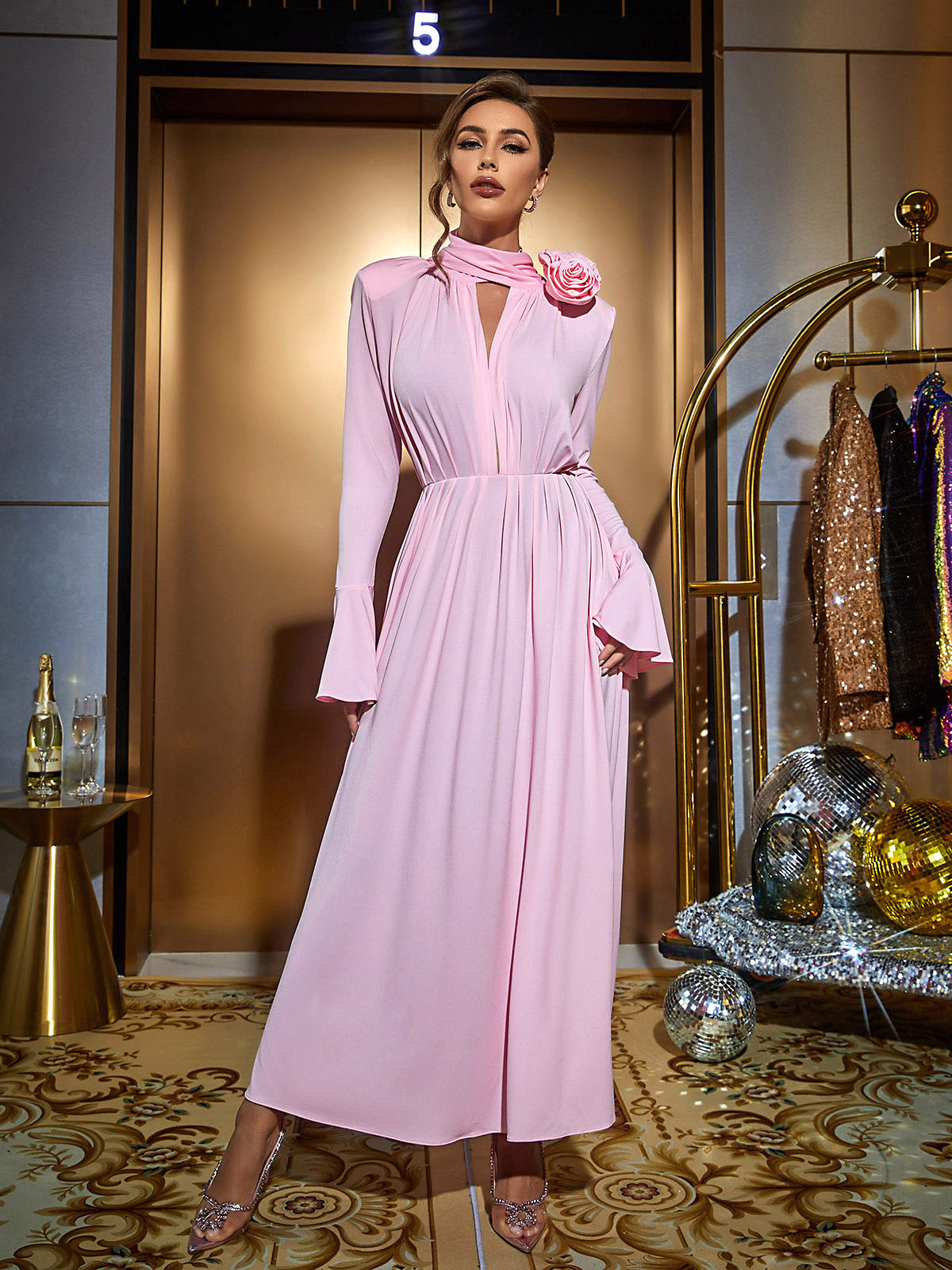 Tie Neck Applique Bell Sleeve Side Slit Maxi Dress