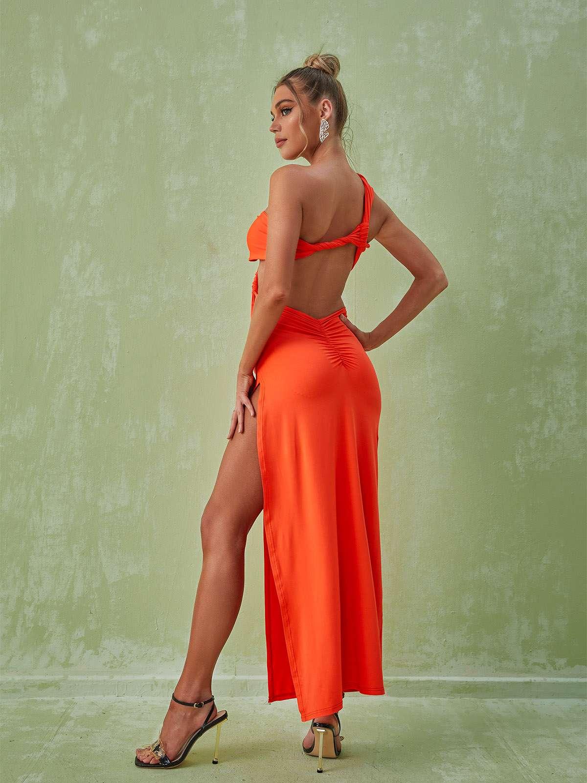 One Shoulder Twist Front Chest Cutout High Slit Maxi Dress