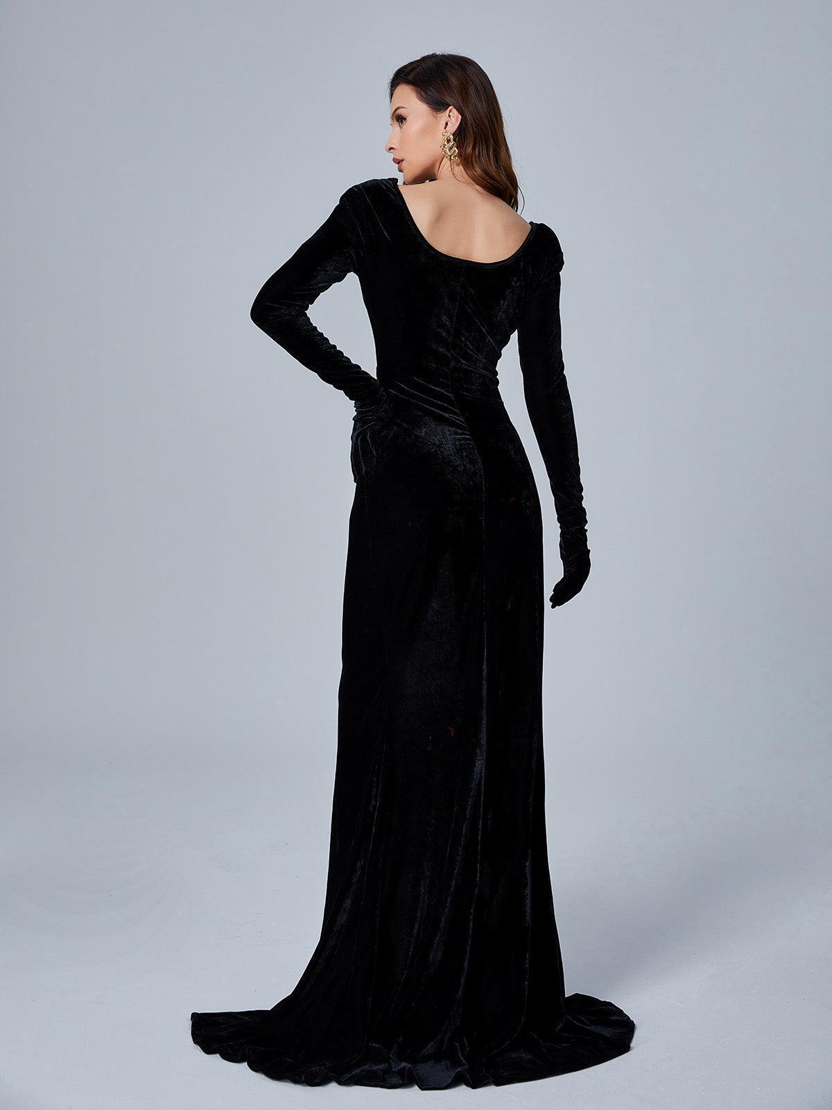 Sweetheart Neck Draped Waist High Slit Velvet Maxi Gown