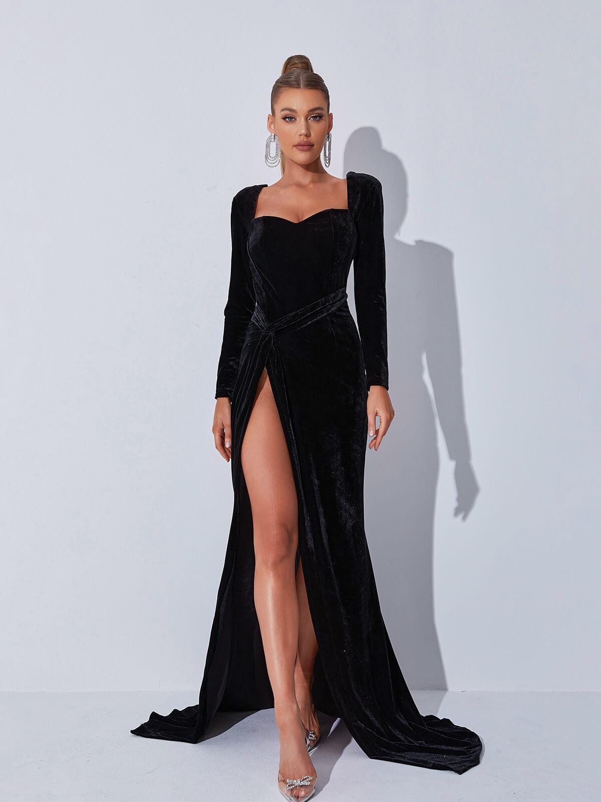 Sweetheart Neck Ruched Waist Velvet Maxi Gown