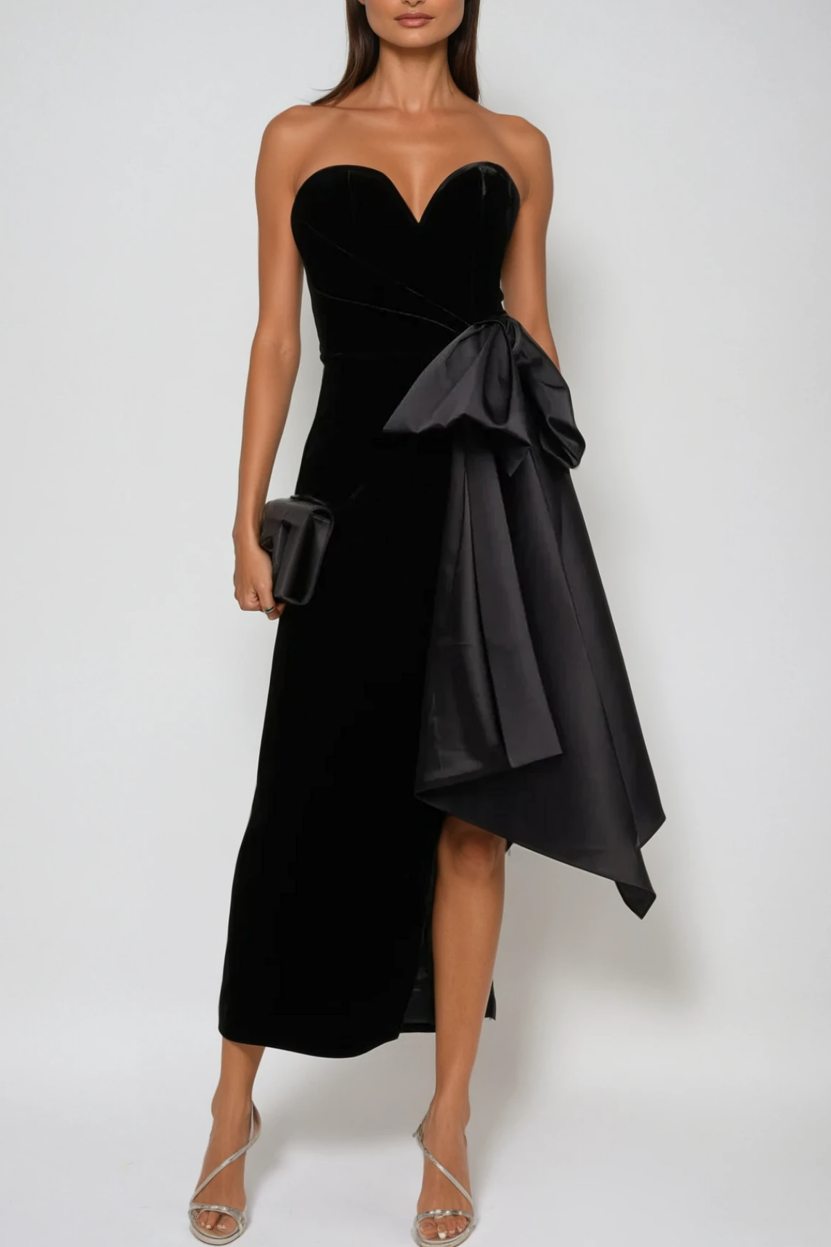 Strapless Velvet Sweetheart Oversized Satin Bow Side Slit Midi Dress
