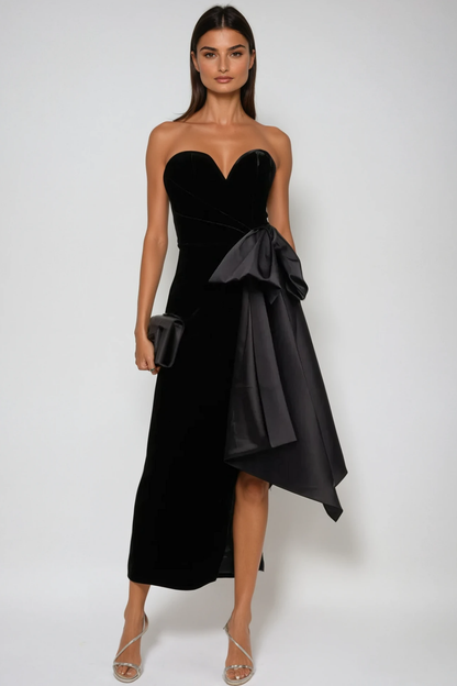 Strapless Velvet Sweetheart Oversized Satin Bow Side Slit Midi Dress