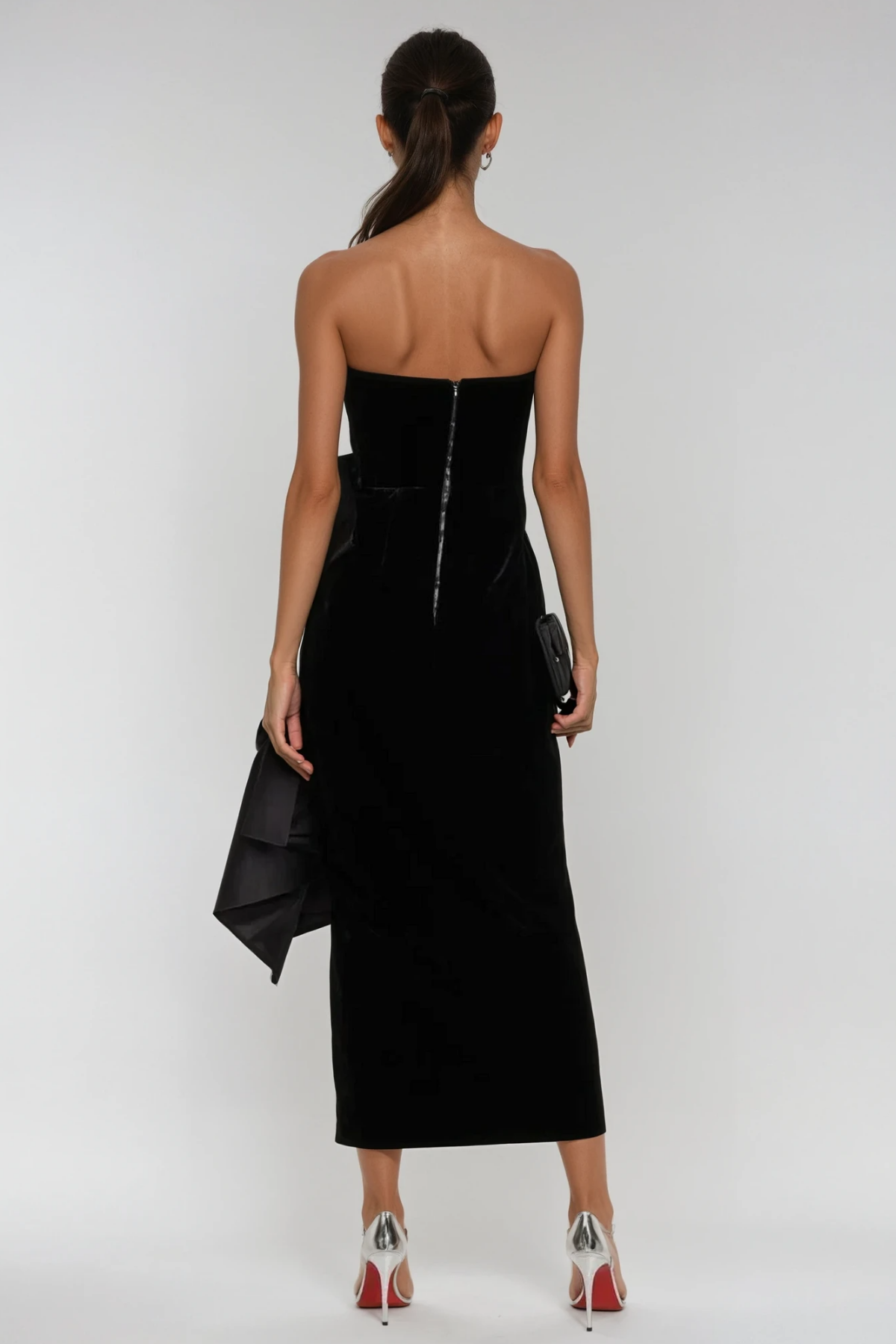 Strapless Velvet Sweetheart Oversized Satin Bow Side Slit Midi Dress