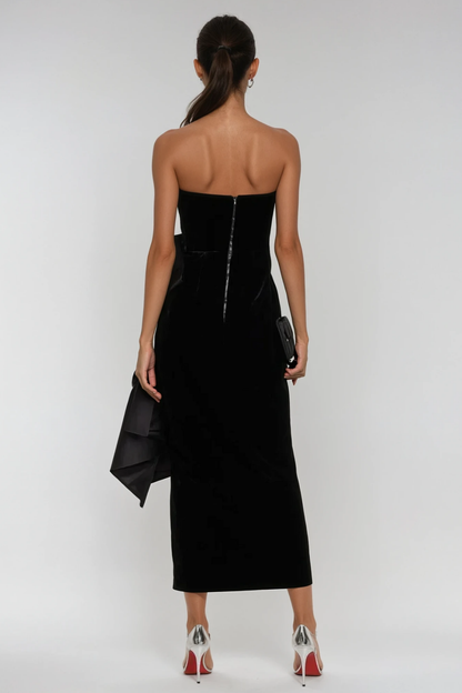 Strapless Velvet Sweetheart Oversized Satin Bow Side Slit Midi Dress