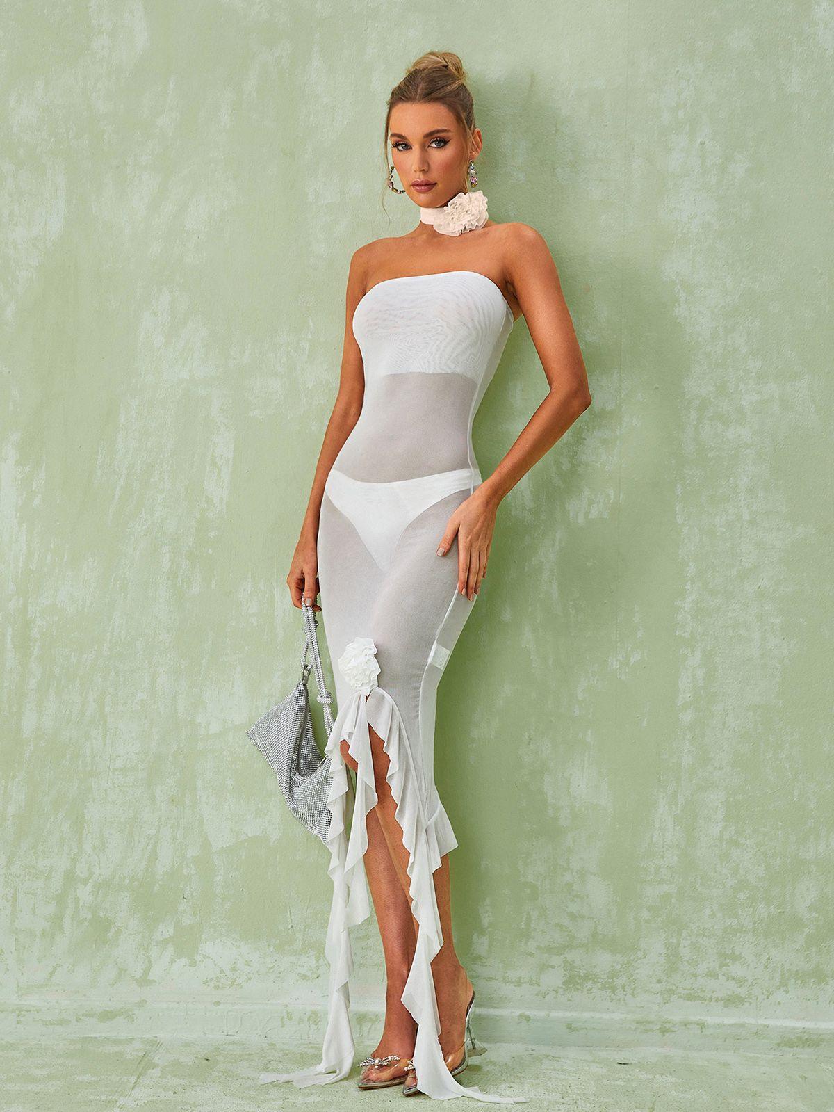 Strapless Mesh Floral Applique Side Slit Ruffle Hem Maxi Dress