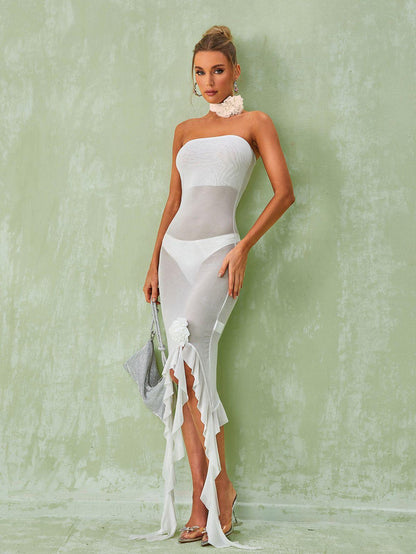 Strapless Mesh Floral Applique Side Slit Ruffle Hem Maxi Dress