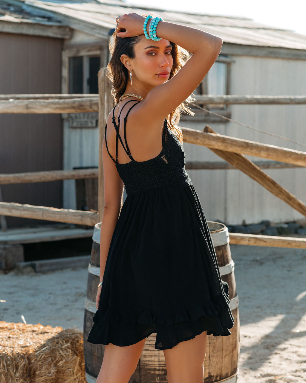 Double Strap Lace Overlay V-Neck Ruffle Hem Pocket Mini Dress