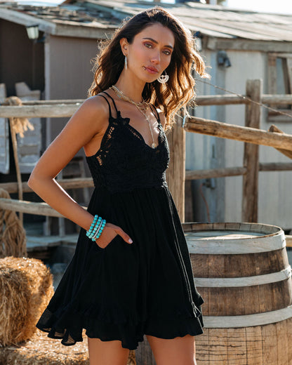 Double Strap Lace Overlay V-Neck Ruffle Hem Pocket Mini Dress