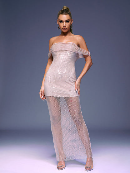 Off Shoulder Rhinestone Mesh Overlay Mini Lining Maxi Gown