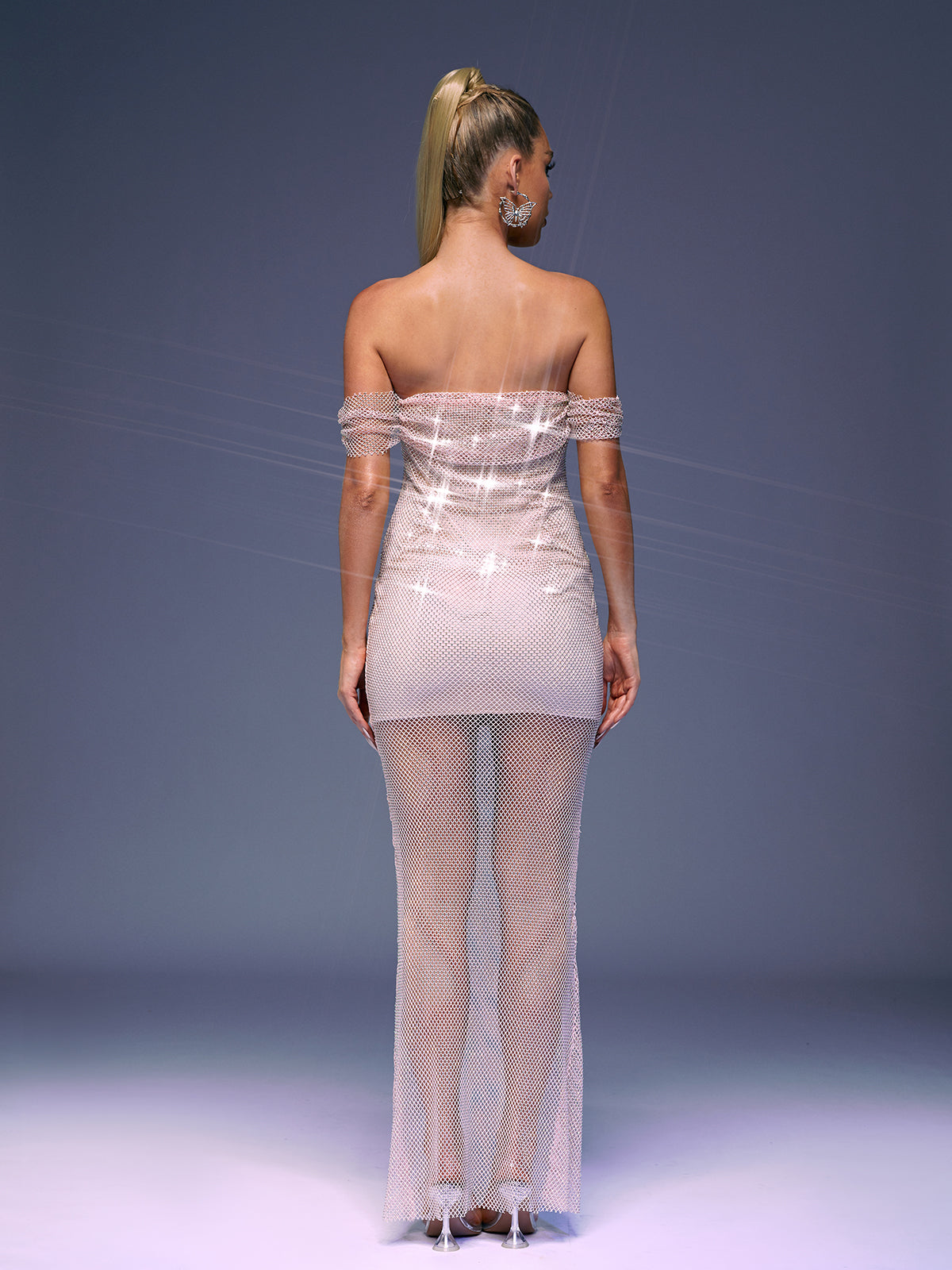 Off Shoulder Rhinestone Mesh Overlay Mini Lining Maxi Gown