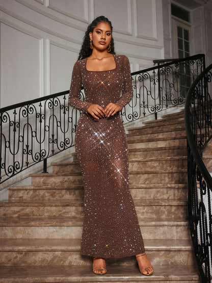 Square Neck Long Sleeve Rhinestone Mesh Overlay Maxi Dress
