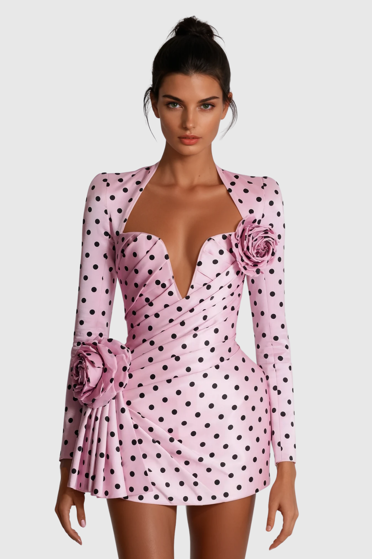 Cold Shoulder Long Sleeve Polka Dot 3D Rosette Pleated Mini Dress