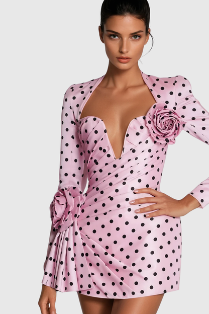 Cold Shoulder Long Sleeve Polka Dot 3D Rosette Pleated Mini Dress
