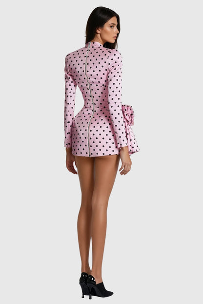 Cold Shoulder Long Sleeve Polka Dot 3D Rosette Pleated Mini Dress