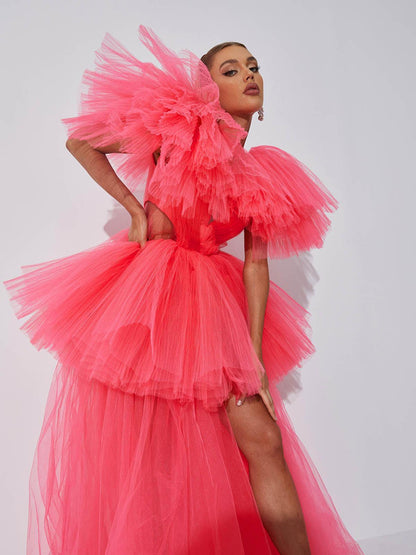 Deep V Ruffle Tier Tulle Peplum Overlay Column Maxi Dress