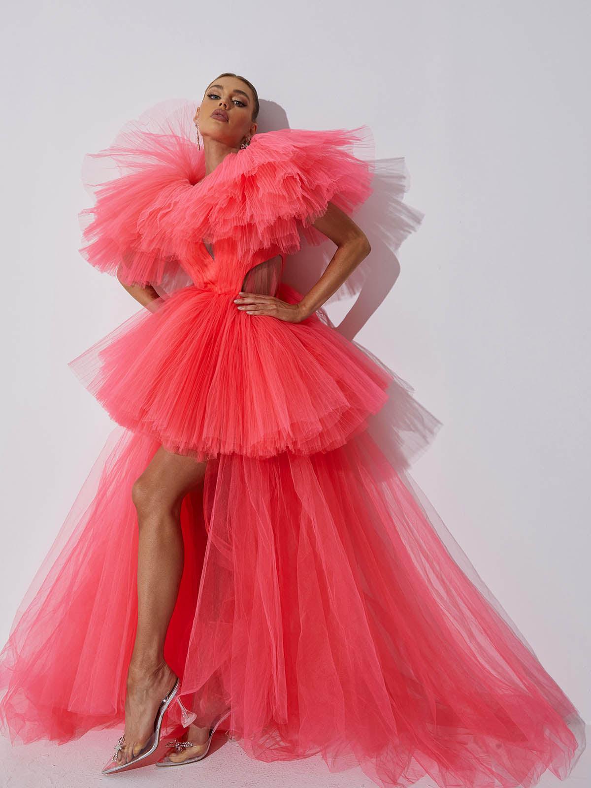 Deep V Ruffle Tier Tulle Peplum Overlay Column Maxi Dress