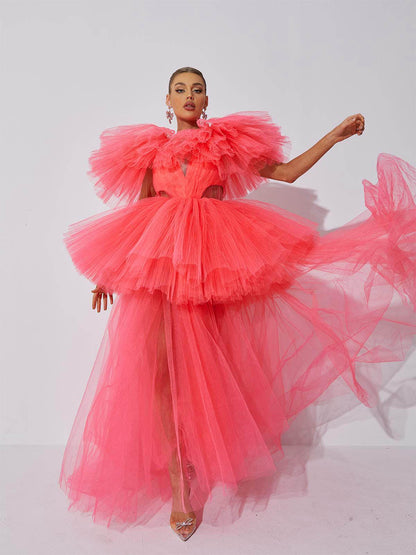 Deep V Ruffle Tier Tulle Peplum Overlay Column Maxi Dress