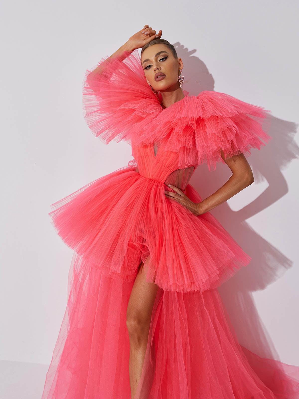Deep V Ruffle Tier Tulle Peplum Overlay Column Maxi Dress