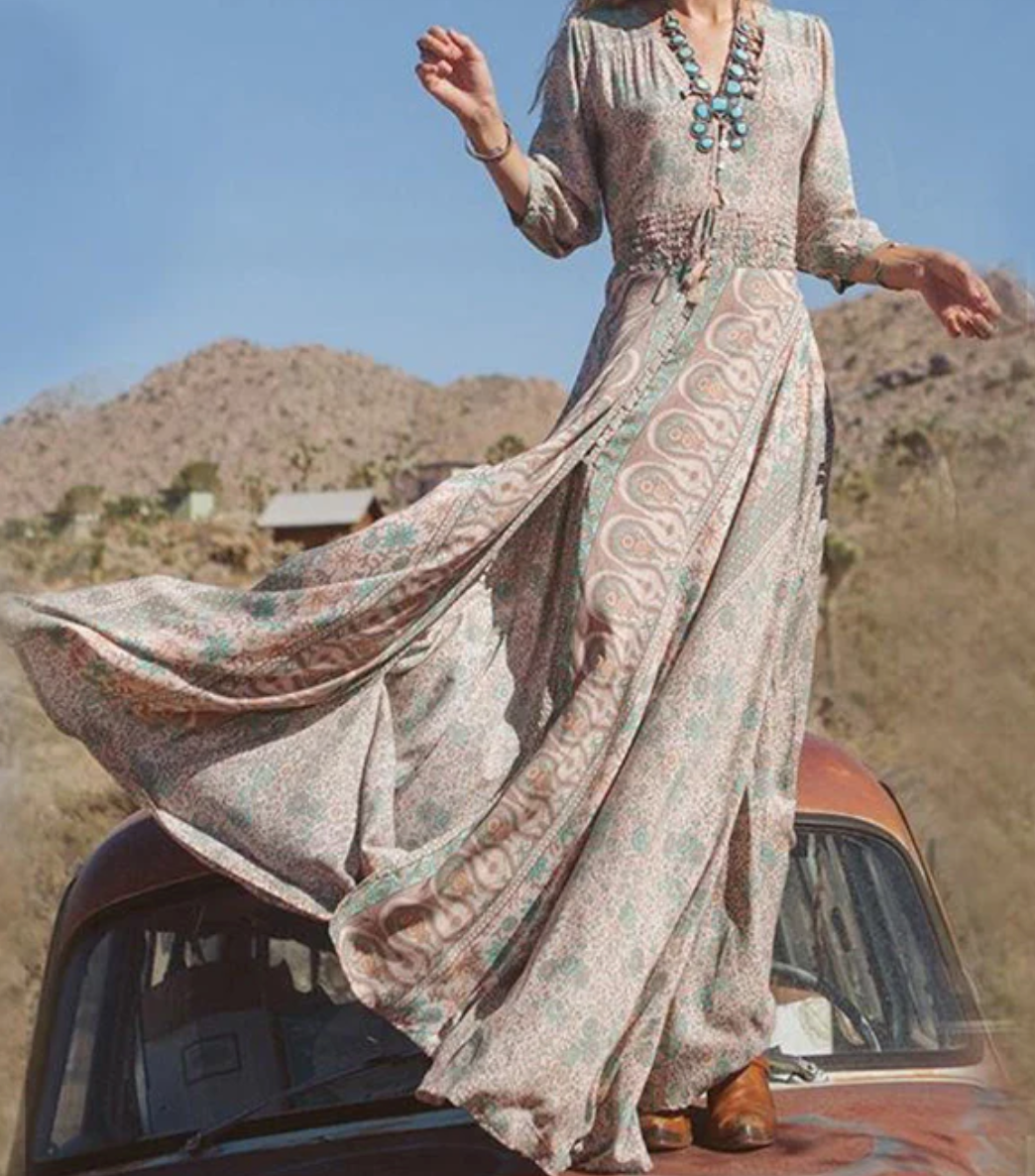 Deep V Neck Smocked Waist Button Front Paisley High Slit Maxi Dress