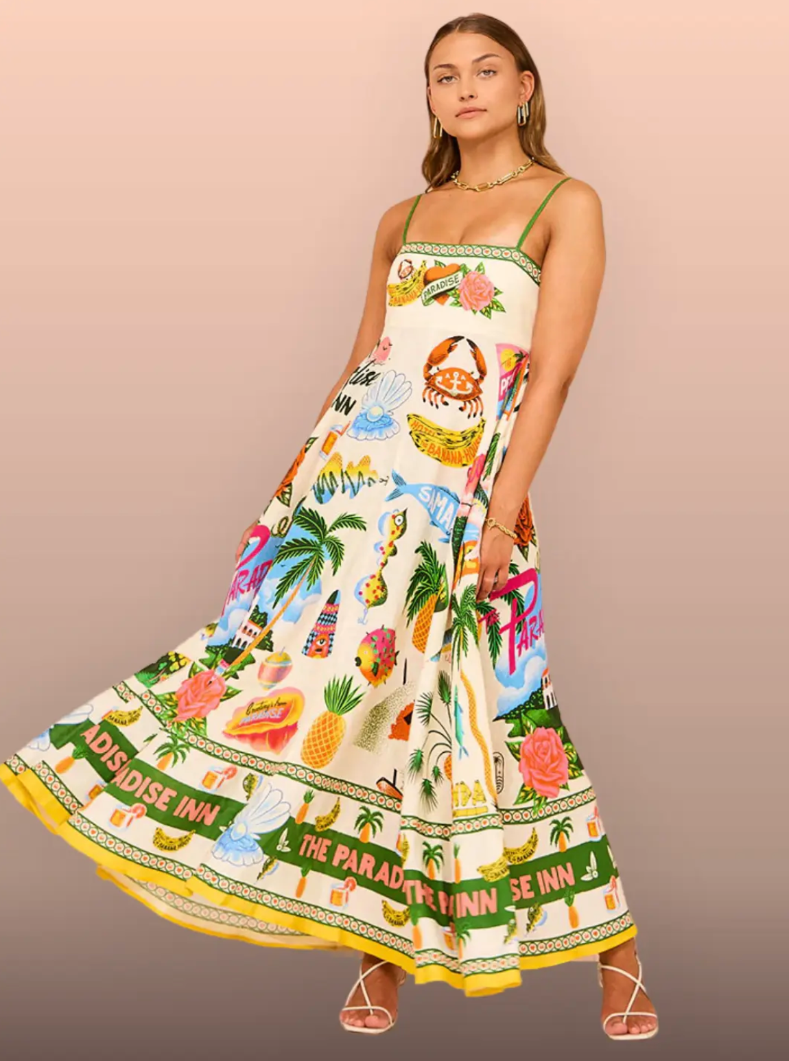 Square Neck Spaghetti Strap Tropical Souvenir Print Maxi Dress
