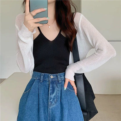 Thin Long Sleeve Sunscreen Cropped Solid Knit Cardigan