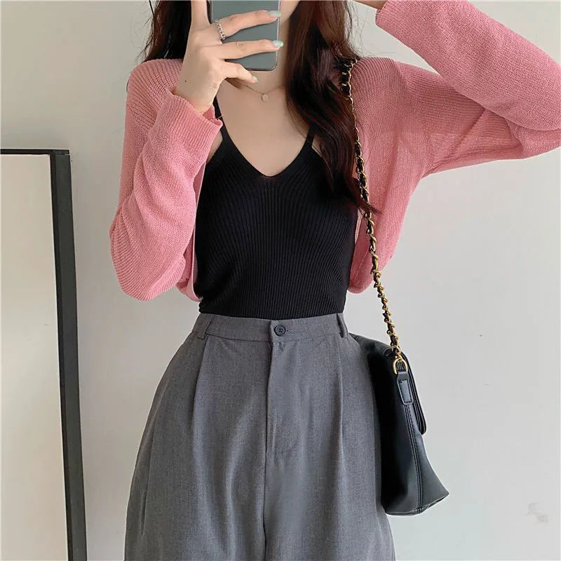 Thin Long Sleeve Sunscreen Cropped Solid Knit Cardigan