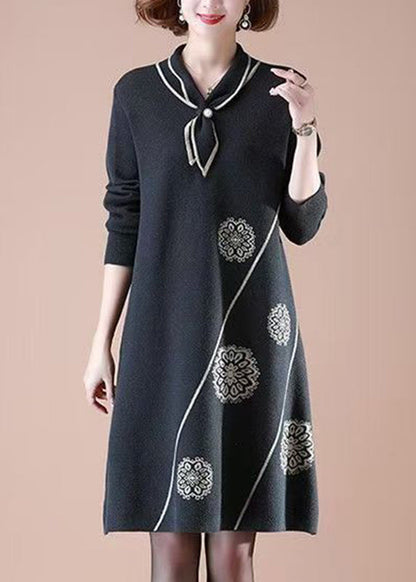Scarf Collar Pearl Button Diagonal Trim Mandala Embroidery Knit Midi Dress