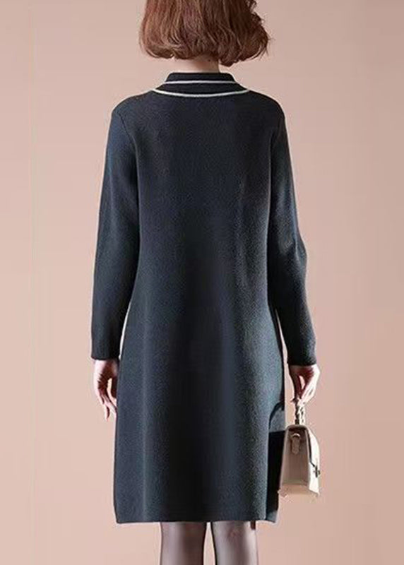 Scarf Collar Pearl Button Diagonal Trim Mandala Embroidery Knit Midi Dress