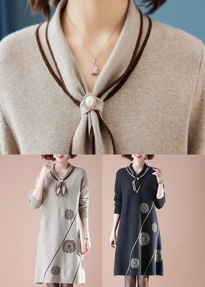 Scarf Collar Pearl Button Diagonal Trim Mandala Embroidery Knit Midi Dress