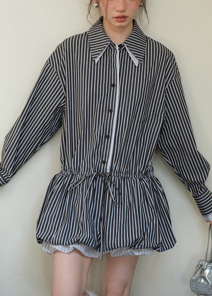 Pinstripe Button Down Drawstring Waist Bubble Hem Shirt Dress