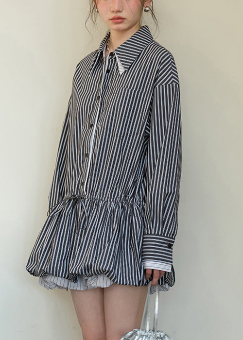 Pinstripe Button Down Drawstring Waist Bubble Hem Shirt Dress