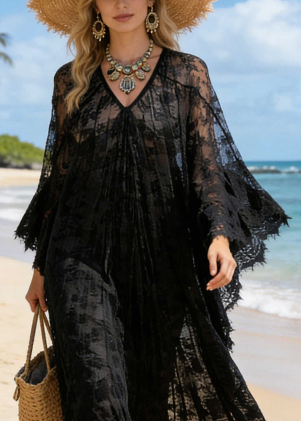 Deep V-Neck Floral Lace Sheer Wide Sleeve Maxi Dress