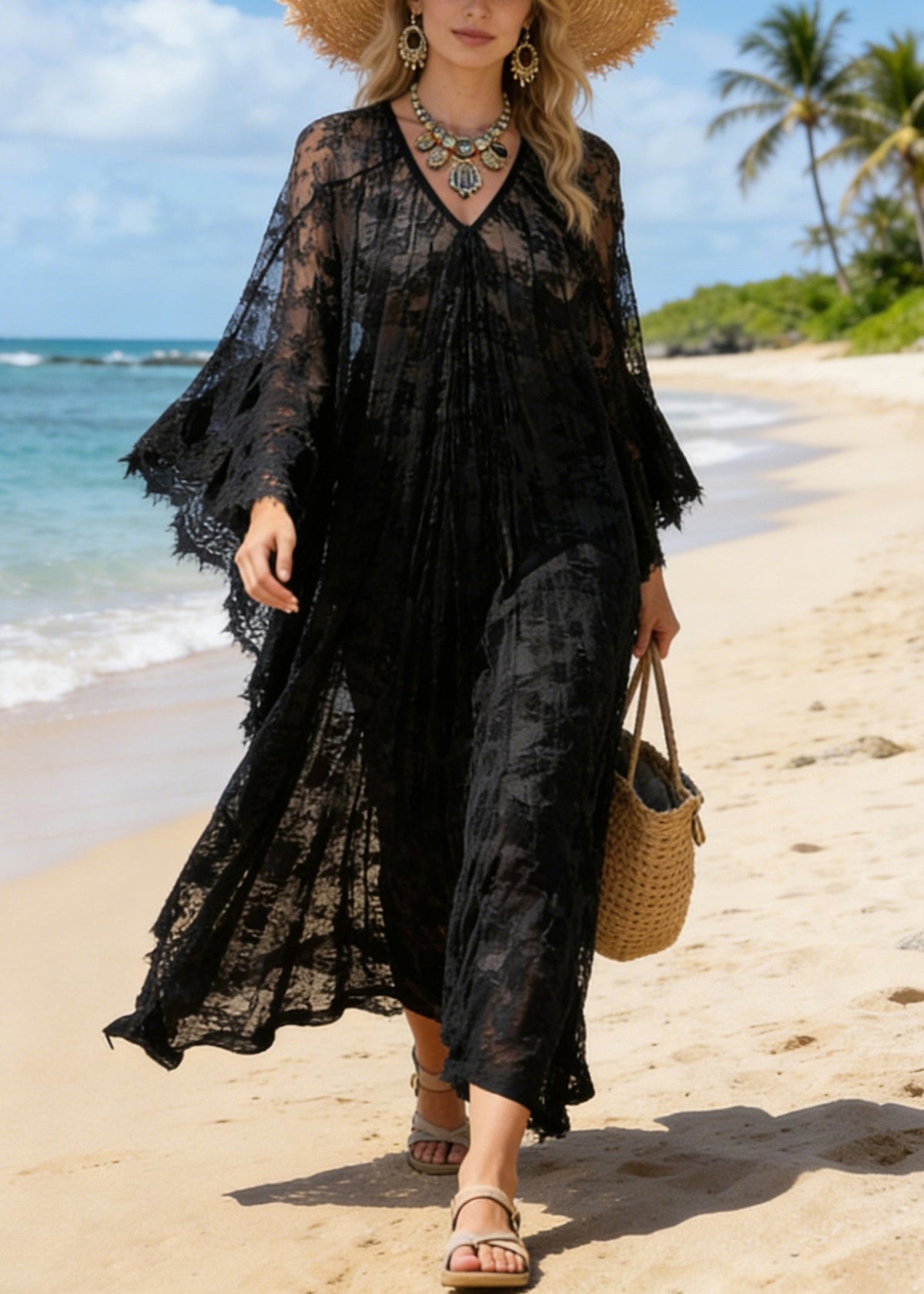 Deep V-Neck Floral Lace Sheer Wide Sleeve Maxi Dress