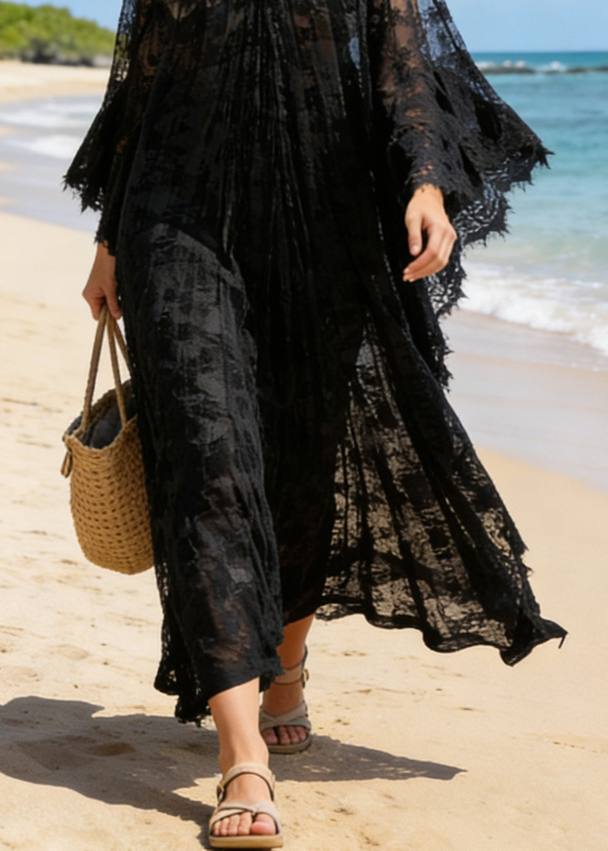 Deep V-Neck Floral Lace Sheer Wide Sleeve Maxi Dress