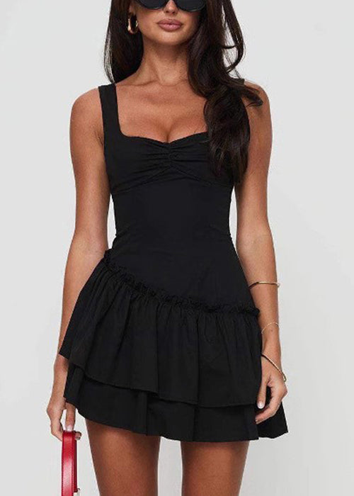 Square Neck Ruched Bust Diagonal Tiered Ruffle Mini Dress