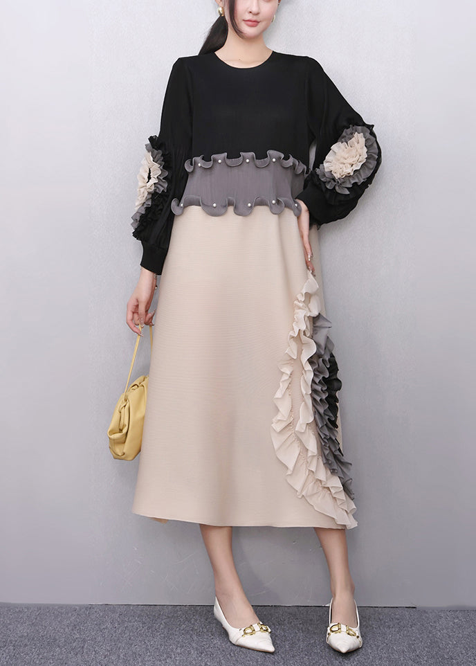 Pearl Scallop Waist Floral Elbow Ruffle Cascade Side Midi Dress