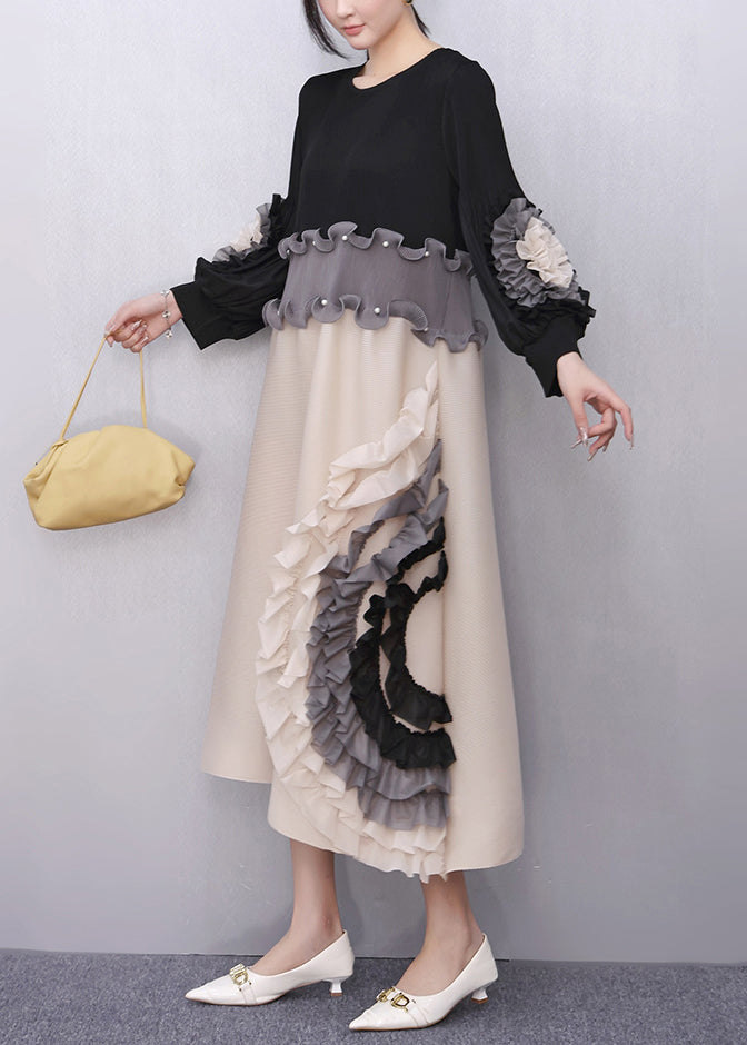 Pearl Scallop Waist Floral Elbow Ruffle Cascade Side Midi Dress