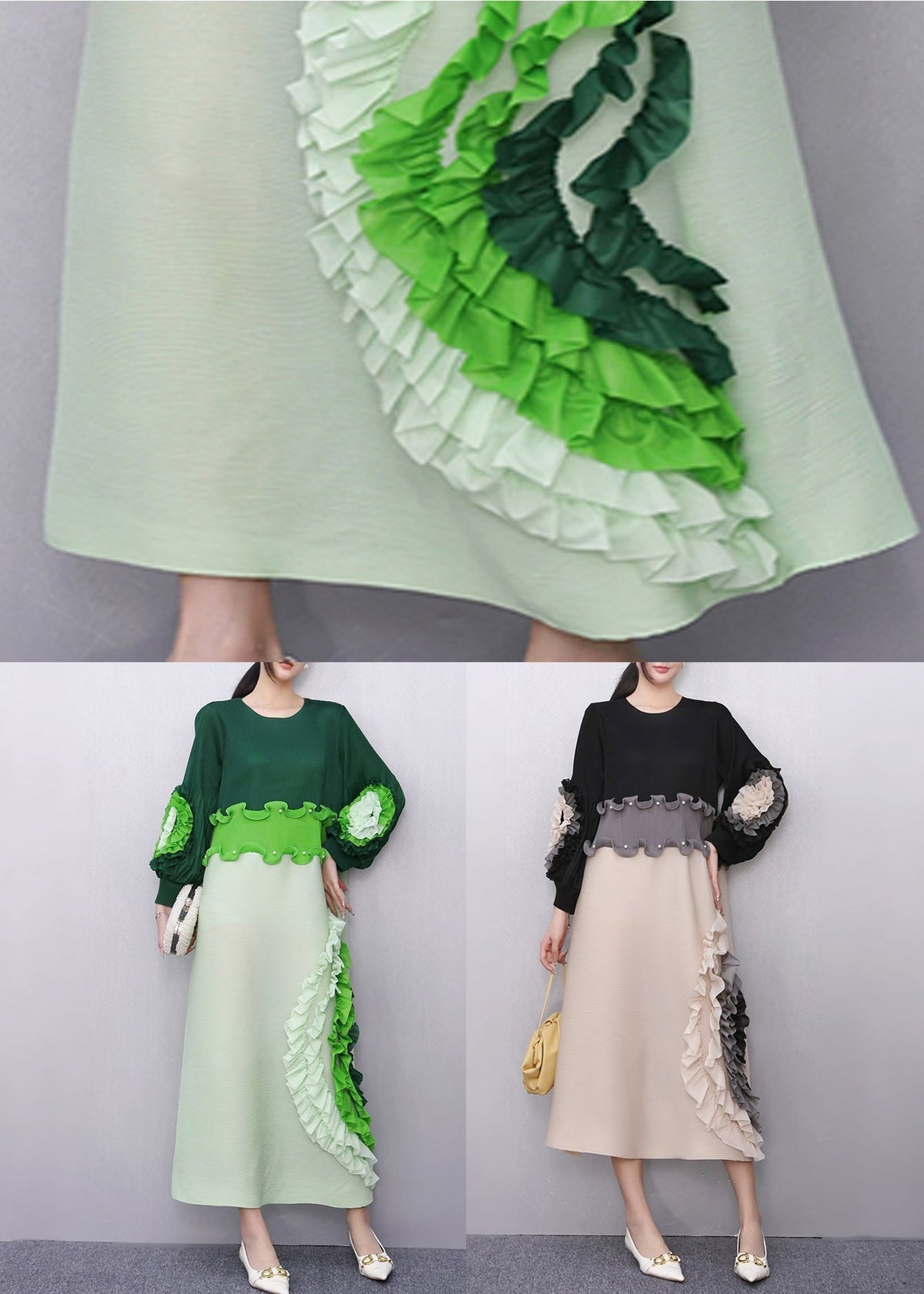 Pearl Scallop Waist Floral Elbow Ruffle Cascade Side Midi Dress