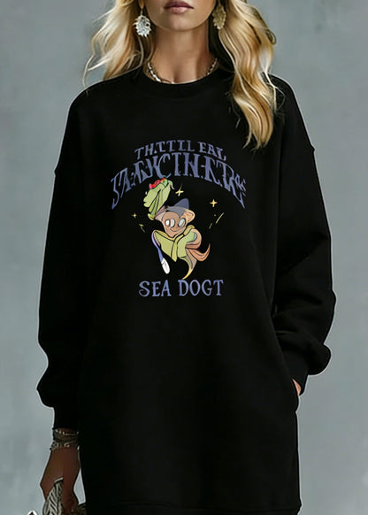 Round Neck Graphic Print Pocket Lace Hem Oversized Sweatshirt Midi Dress
