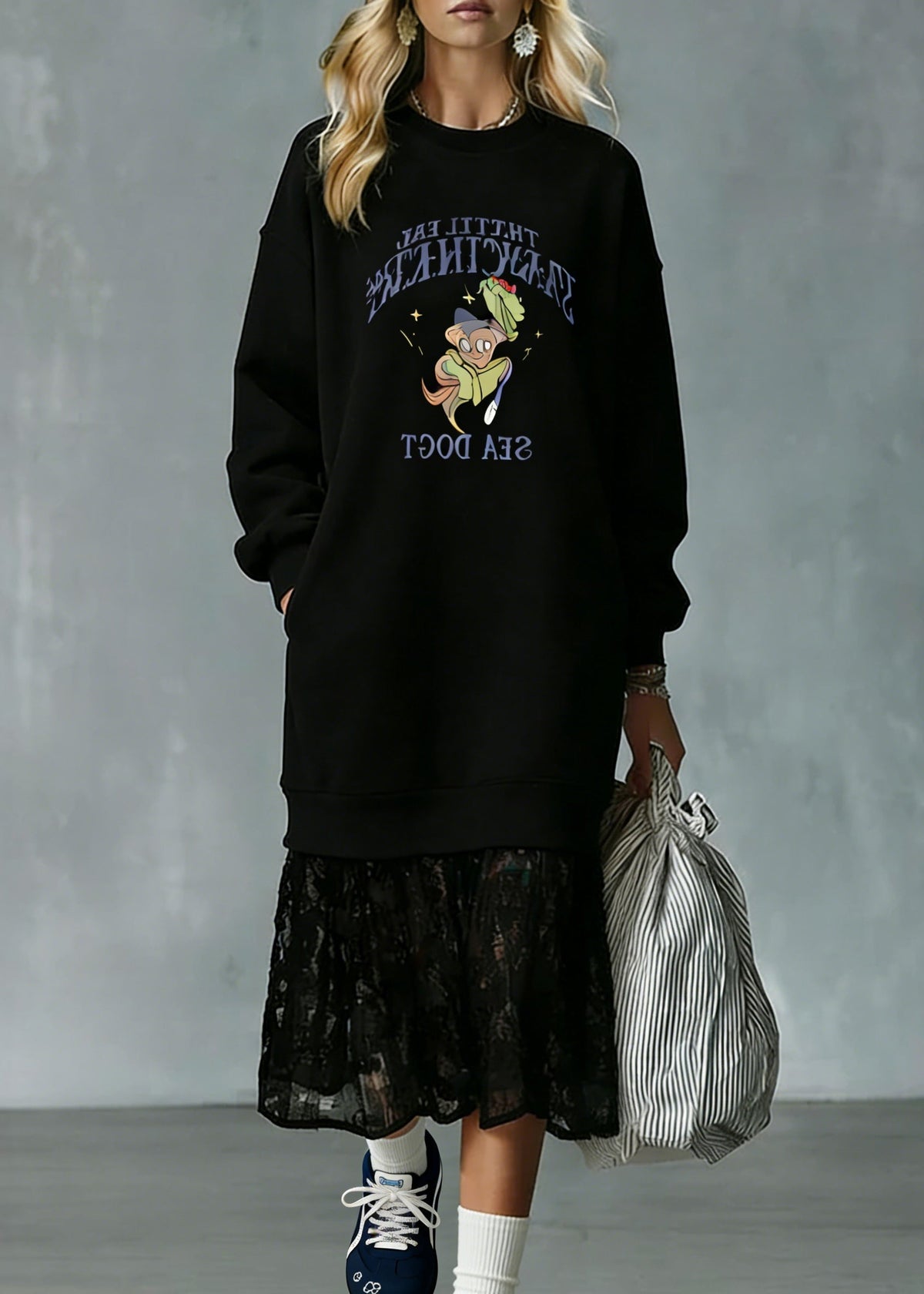 Round Neck Graphic Print Pocket Lace Hem Oversized Sweatshirt Midi Dress