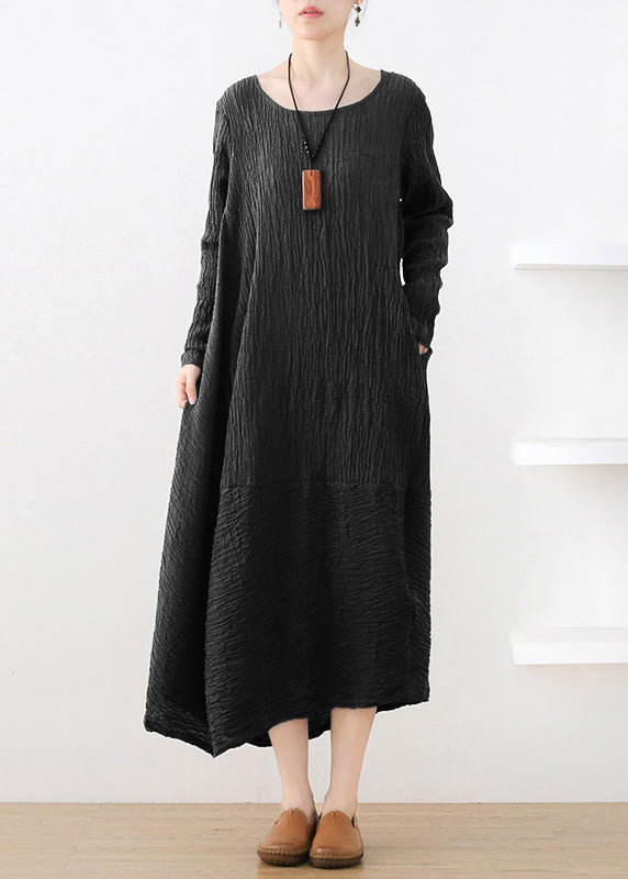 Crumpled Texture Round Neck Long Sleeve Pocket Maxi Dress