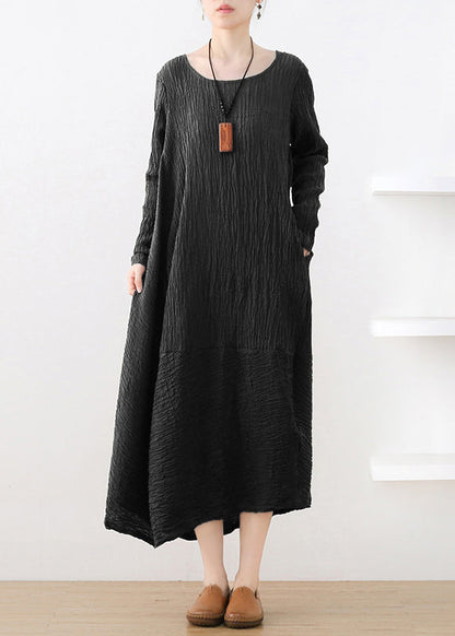 Crumpled Texture Round Neck Long Sleeve Pocket Maxi Dress