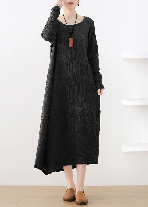Crumpled Texture Round Neck Long Sleeve Pocket Maxi Dress