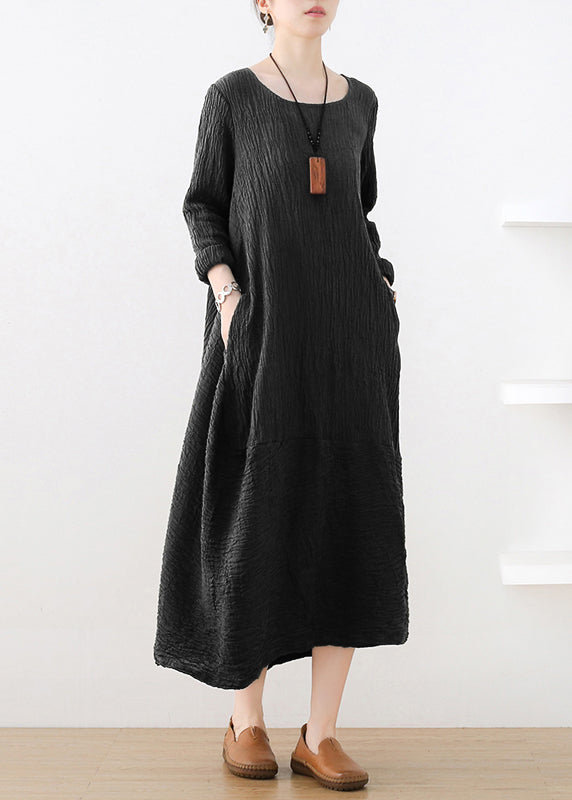 Crumpled Texture Round Neck Long Sleeve Pocket Maxi Dress