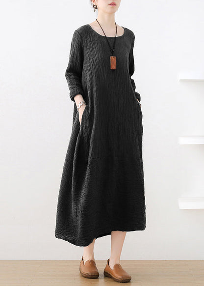Crumpled Texture Round Neck Long Sleeve Pocket Maxi Dress
